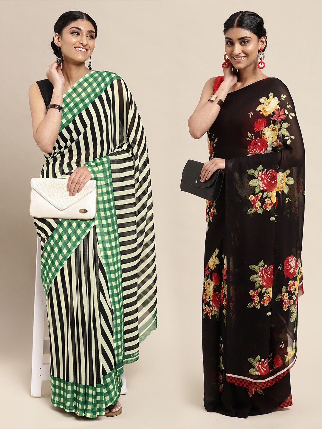 

ANAND SAREES Pack of 2 Green & Black Floral Sarees