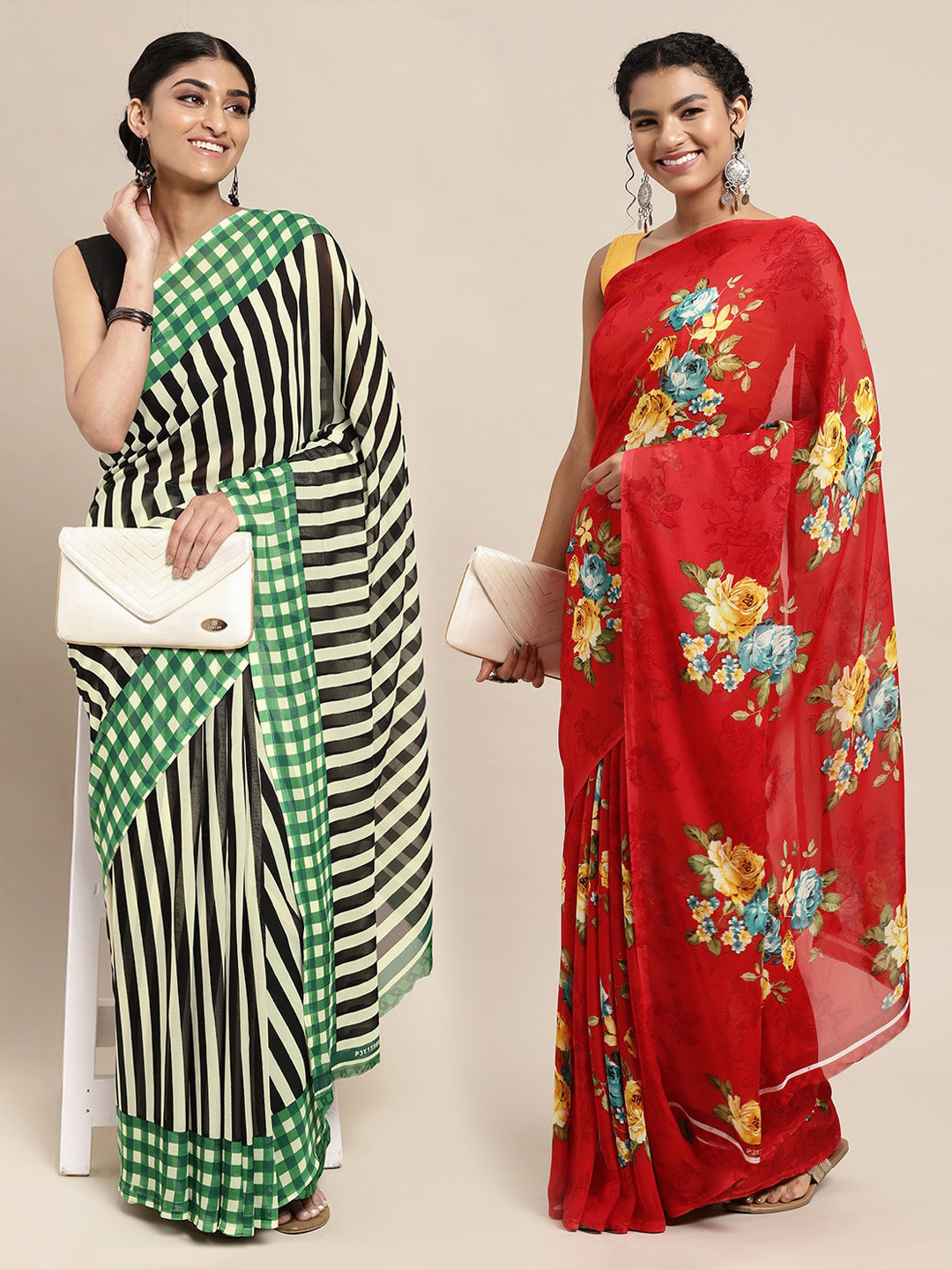 

KALINI Red & Black Floral Poly Georgette Saree Pack Of 2