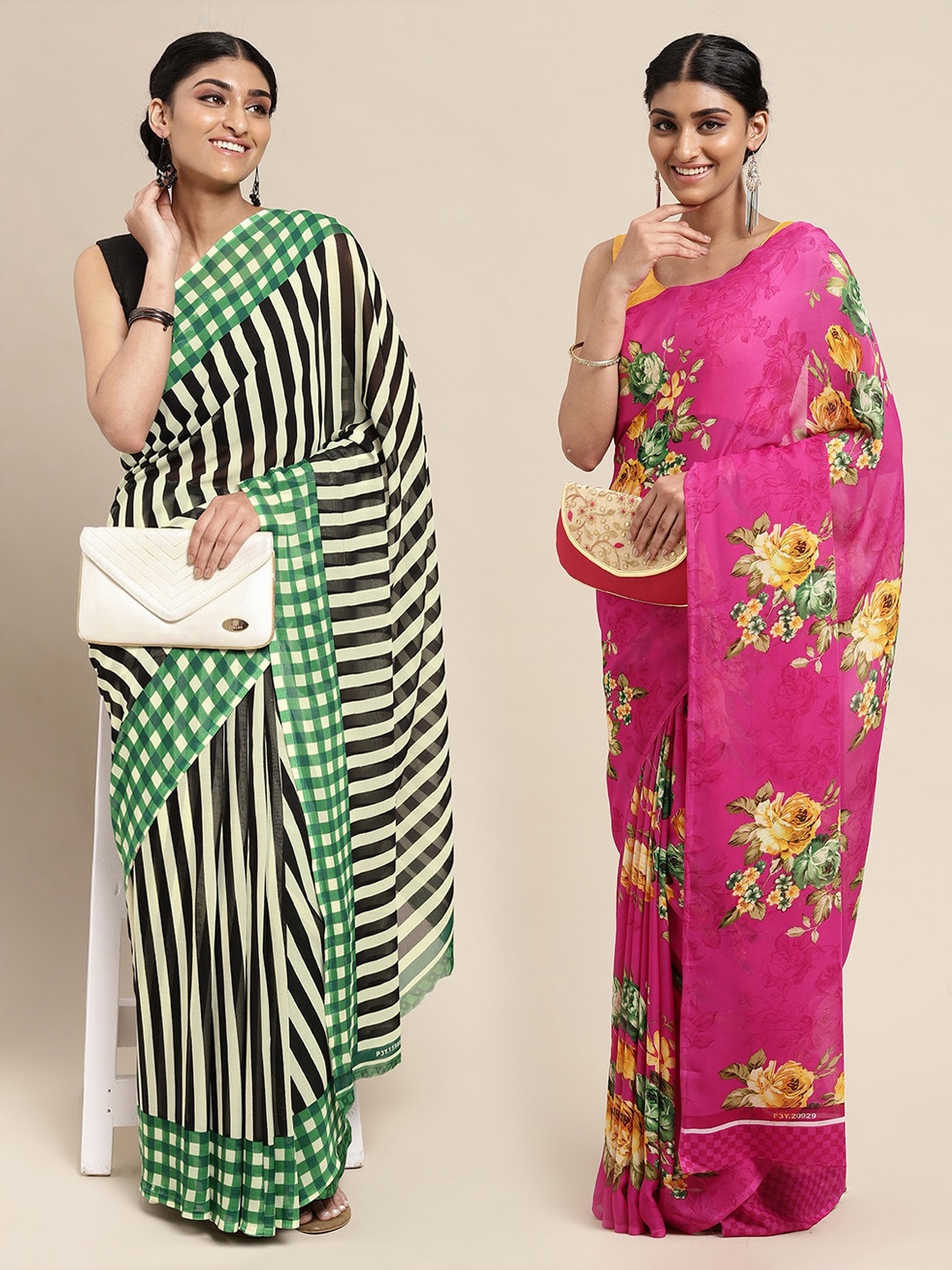 

ANAND SAREES Pink & Black Floral Poly Georgette Saree Pack Of 2