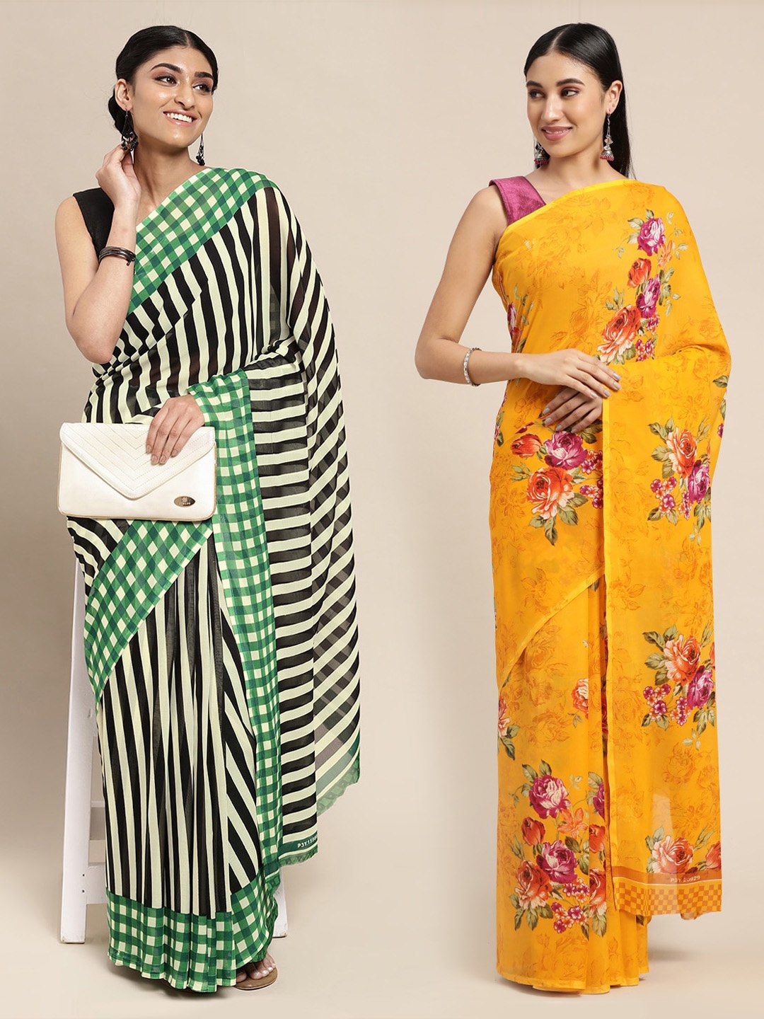 

KALINI Pack of 2 Yellow & Pink Floral Sarees