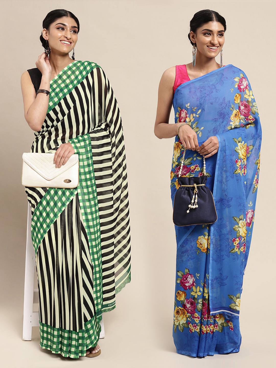

ANAND SAREES Blue & Black Floral Poly Georgette Saree Pack Of 2