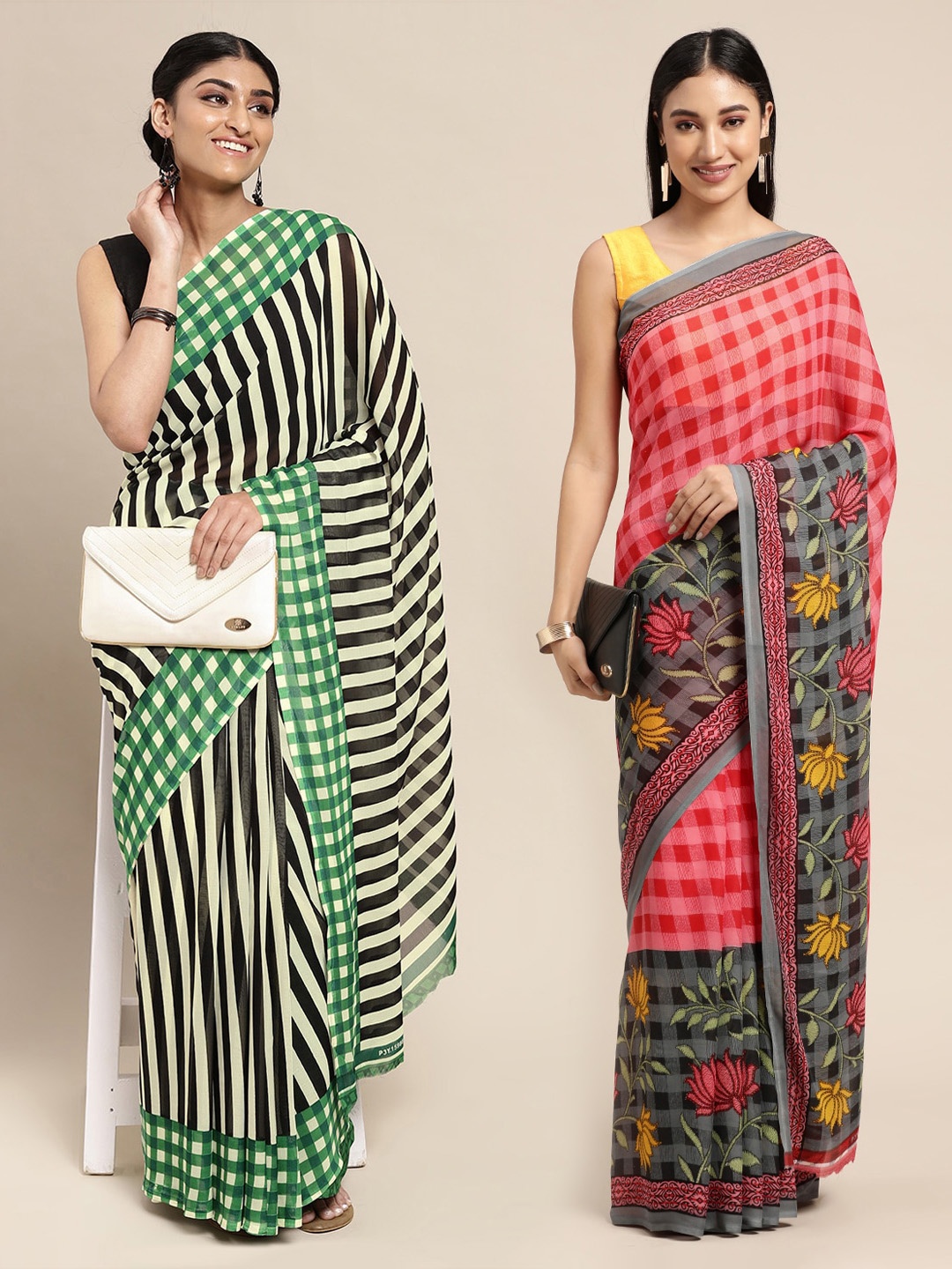 

KALINI Pack of 2 Green & Black Striped Sarees