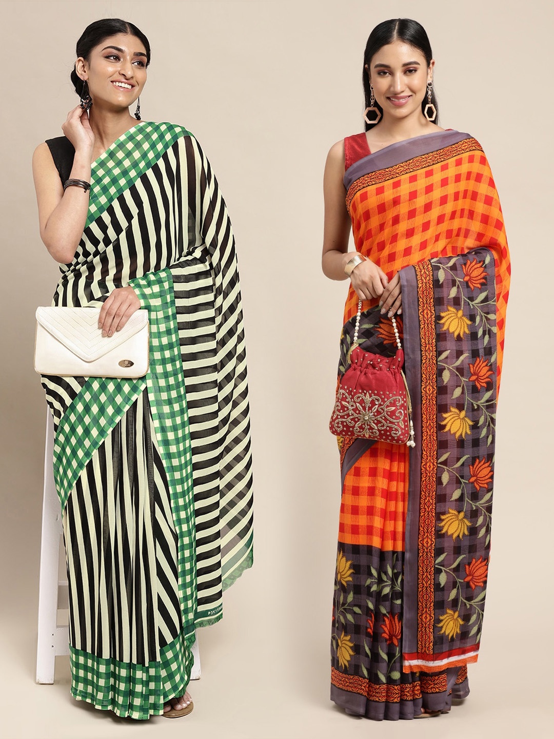 

KALINI Orange & Black Striped Poly Georgette Saree Pack Of 2