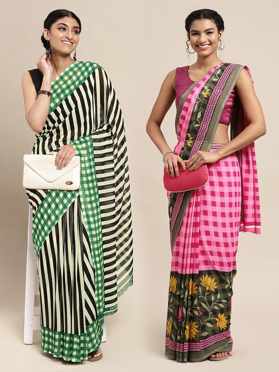 

KALINI Pack of 2 Pink & Green Checked Sarees