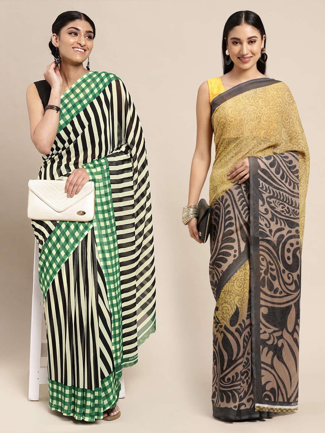 

KALINI Yellow & Black Paisley Poly Georgette Saree Pack Of 2