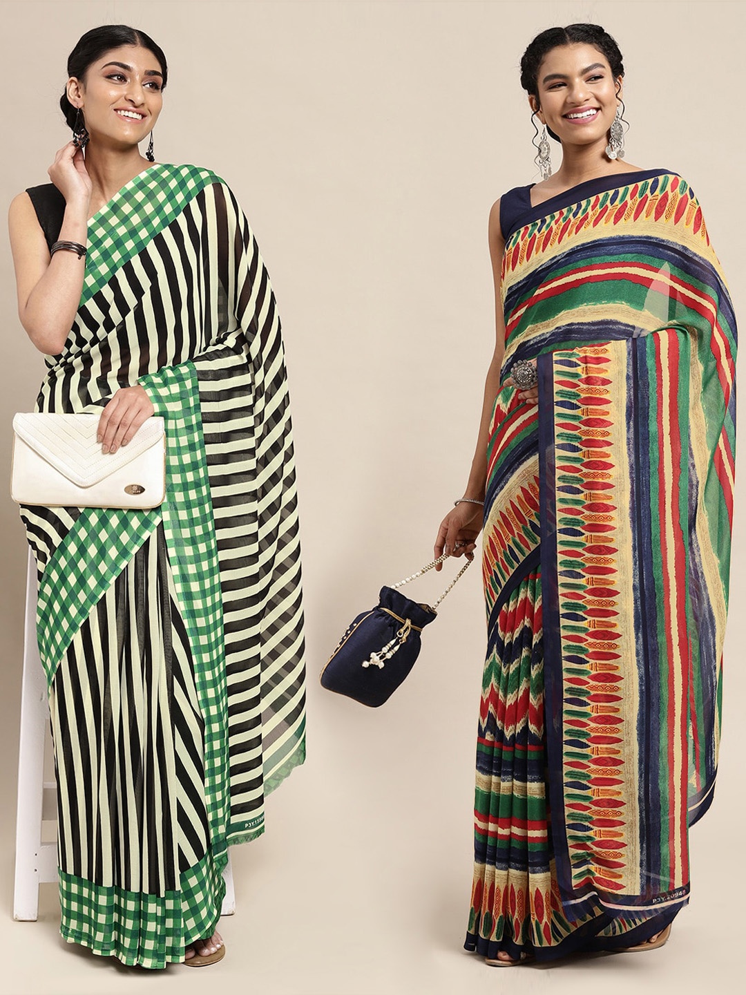 

KALINI Green & Blue Striped Poly Georgette Saree Pack Of 2