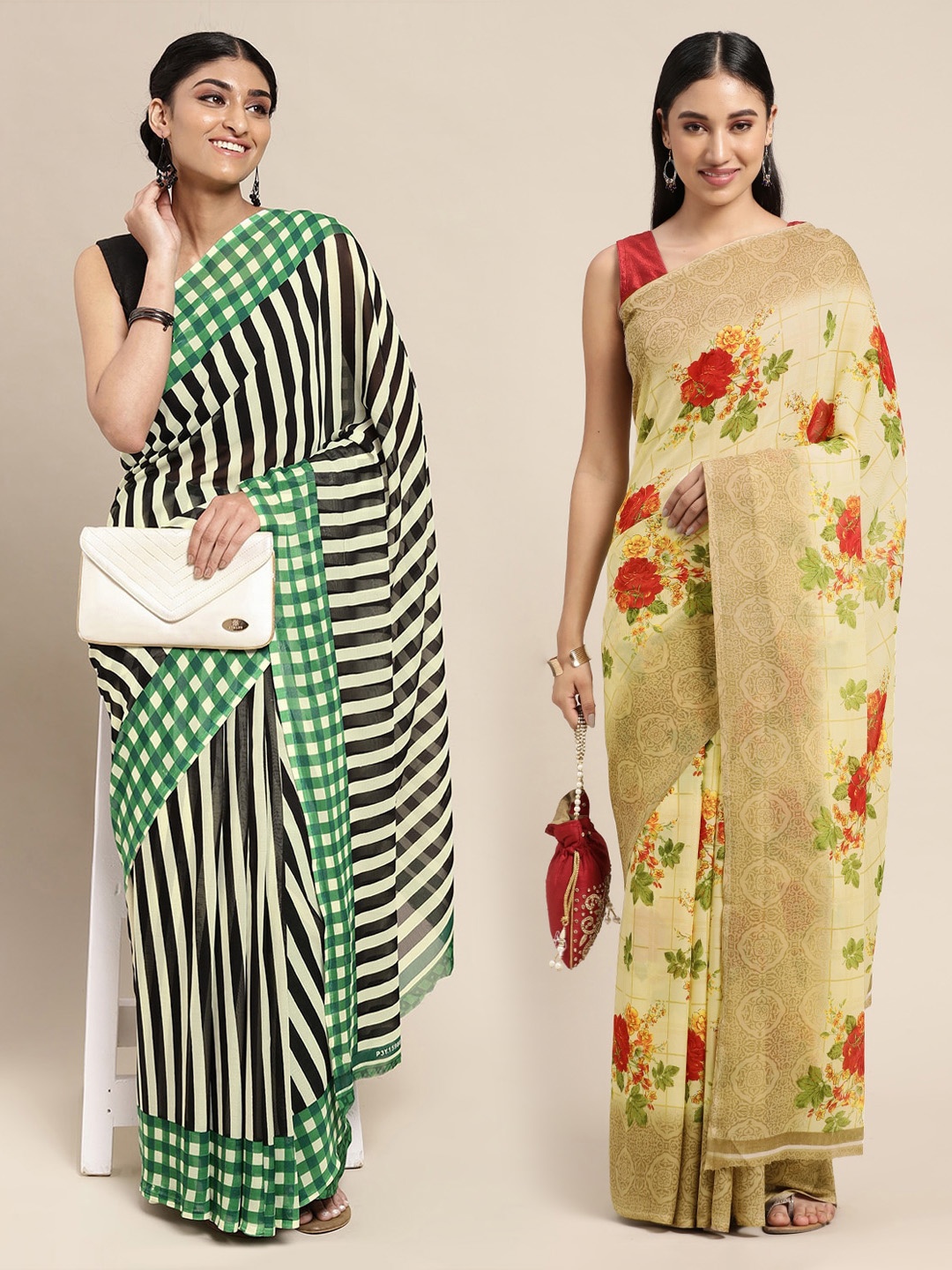 

KALINI Pack of 2 Yellow & Beige Floral Sarees