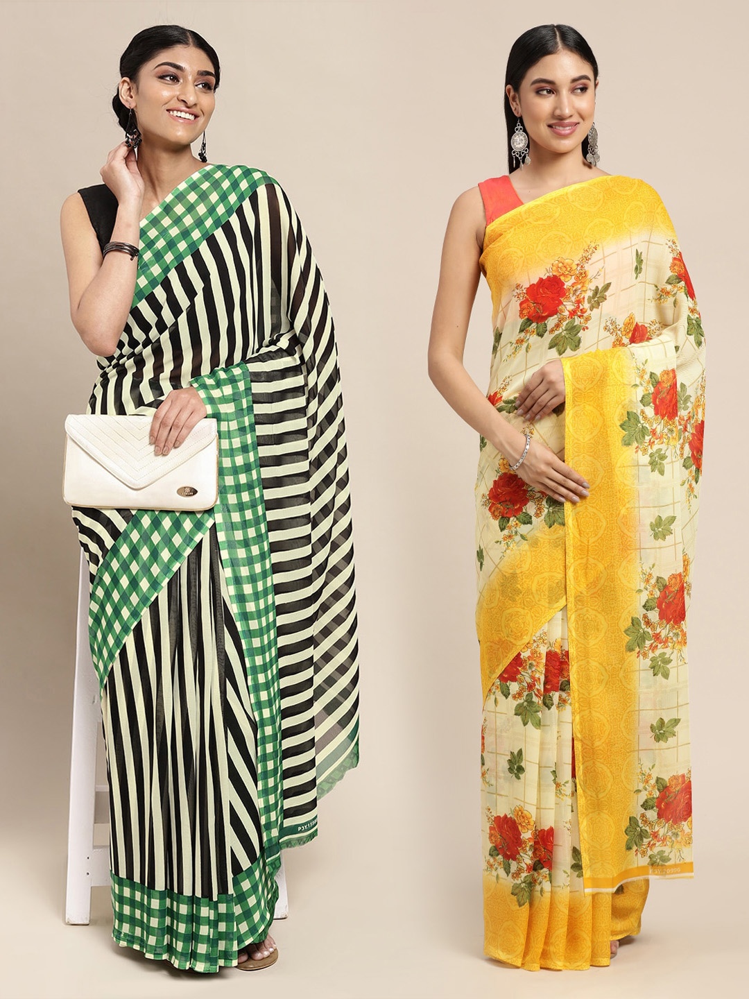 

KALINI Yellow & Black Striped Poly Georgette Saree Pack Of 2