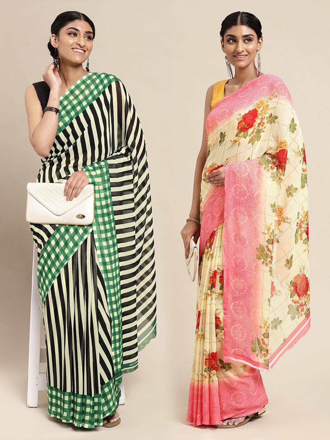 

KALINI Pack of 2 Green & Beige Printed Sarees