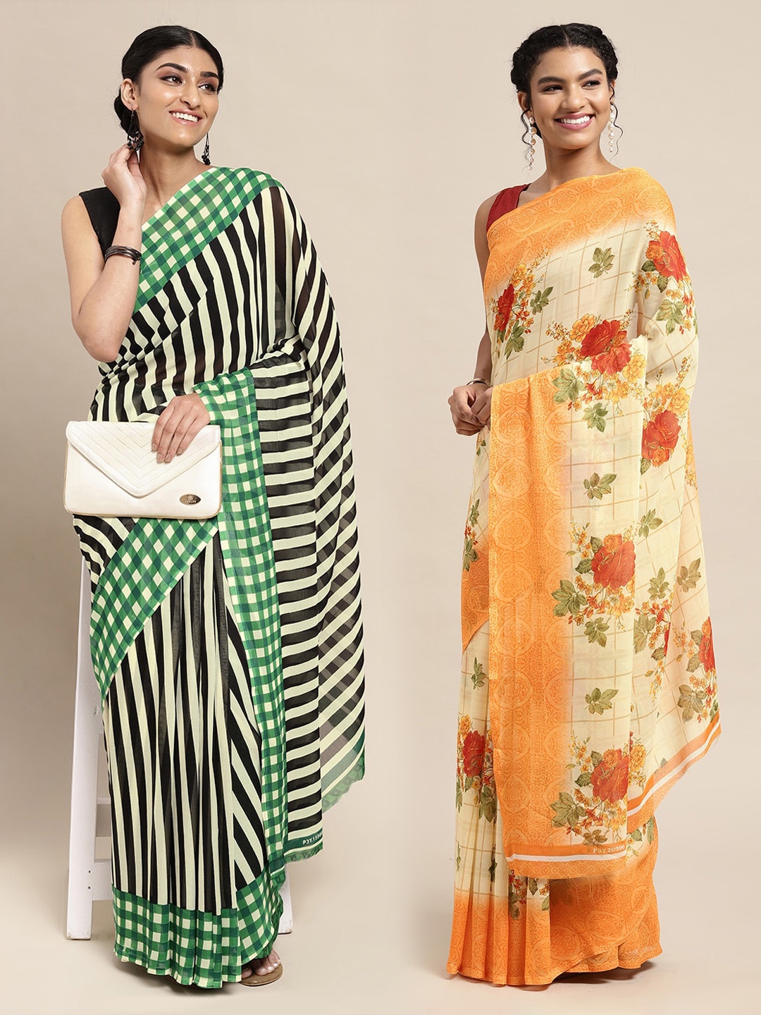 

KALINI Cream-Coloured & Orange Floral Poly Georgette Saree Pack Of 2