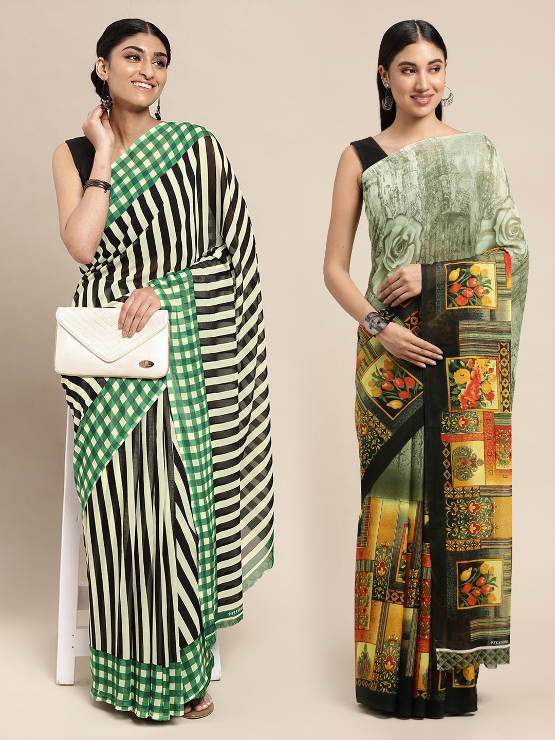 

KALINI Pack of 2 Green & Black Striped Sarees