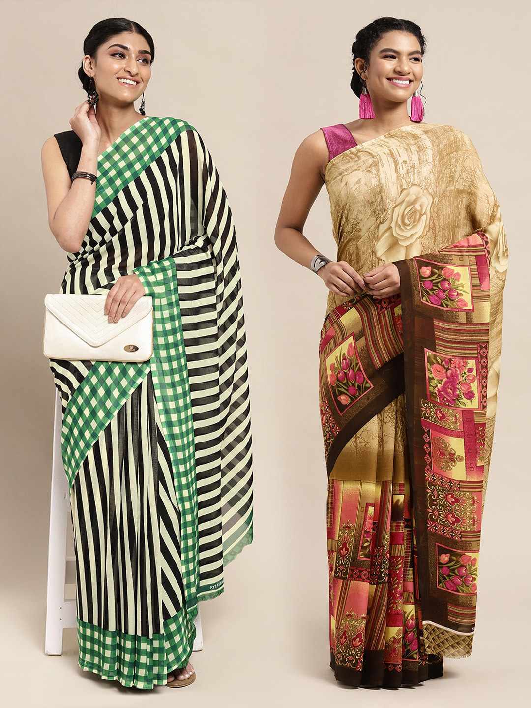 

KALINI Beige & Coffee Brown Floral Poly Georgette Saree Pack Of 2