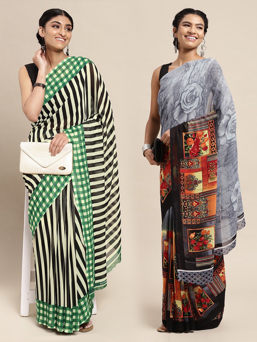 

KALINI Pack of 2 Grey & Green Floral Sarees