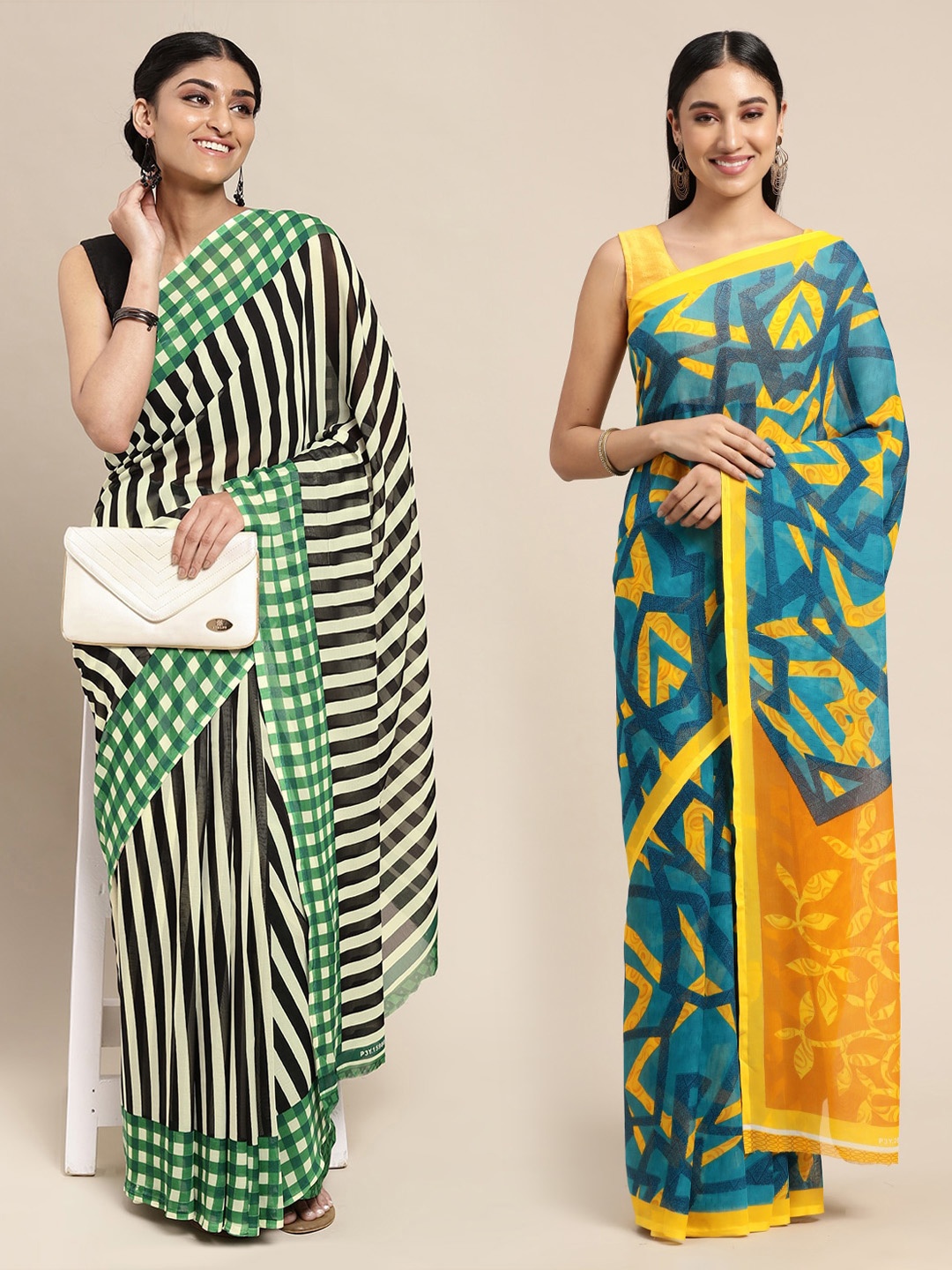 

KALINI Green & Black Striped Poly Georgette Saree Pack Of 2