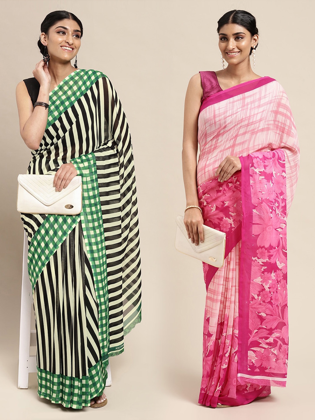 

KALINI Pack of 2 Pink & Green Sarees