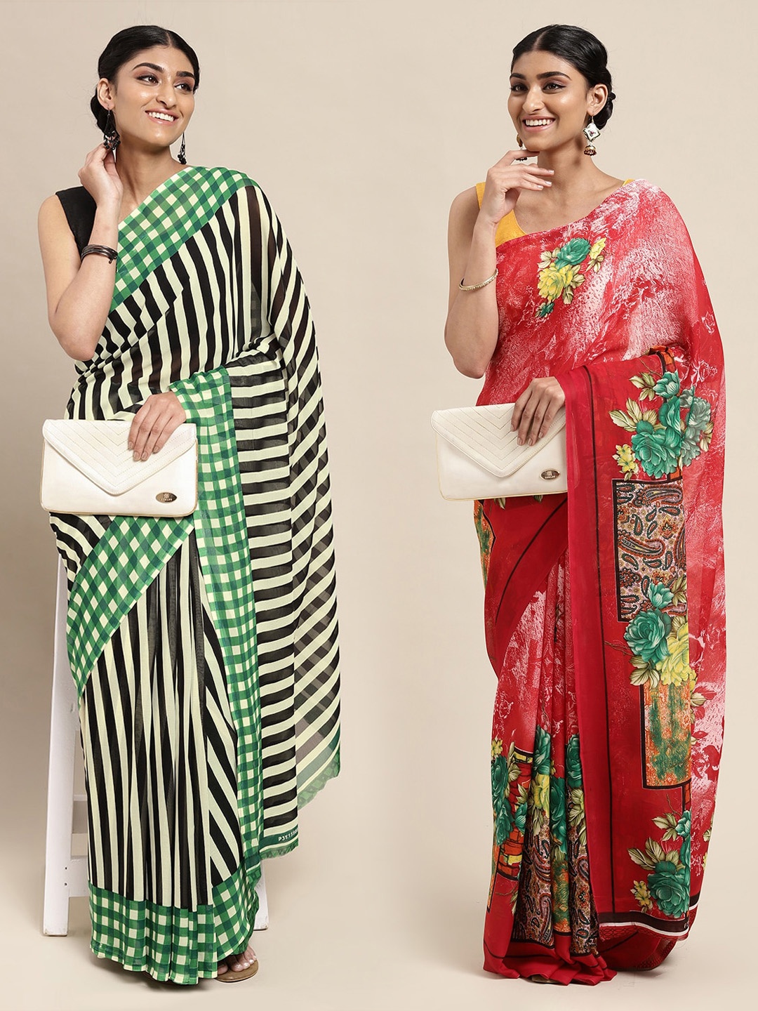 

KALINI Red & Black Striped Poly Georgette Saree Pack Of 2