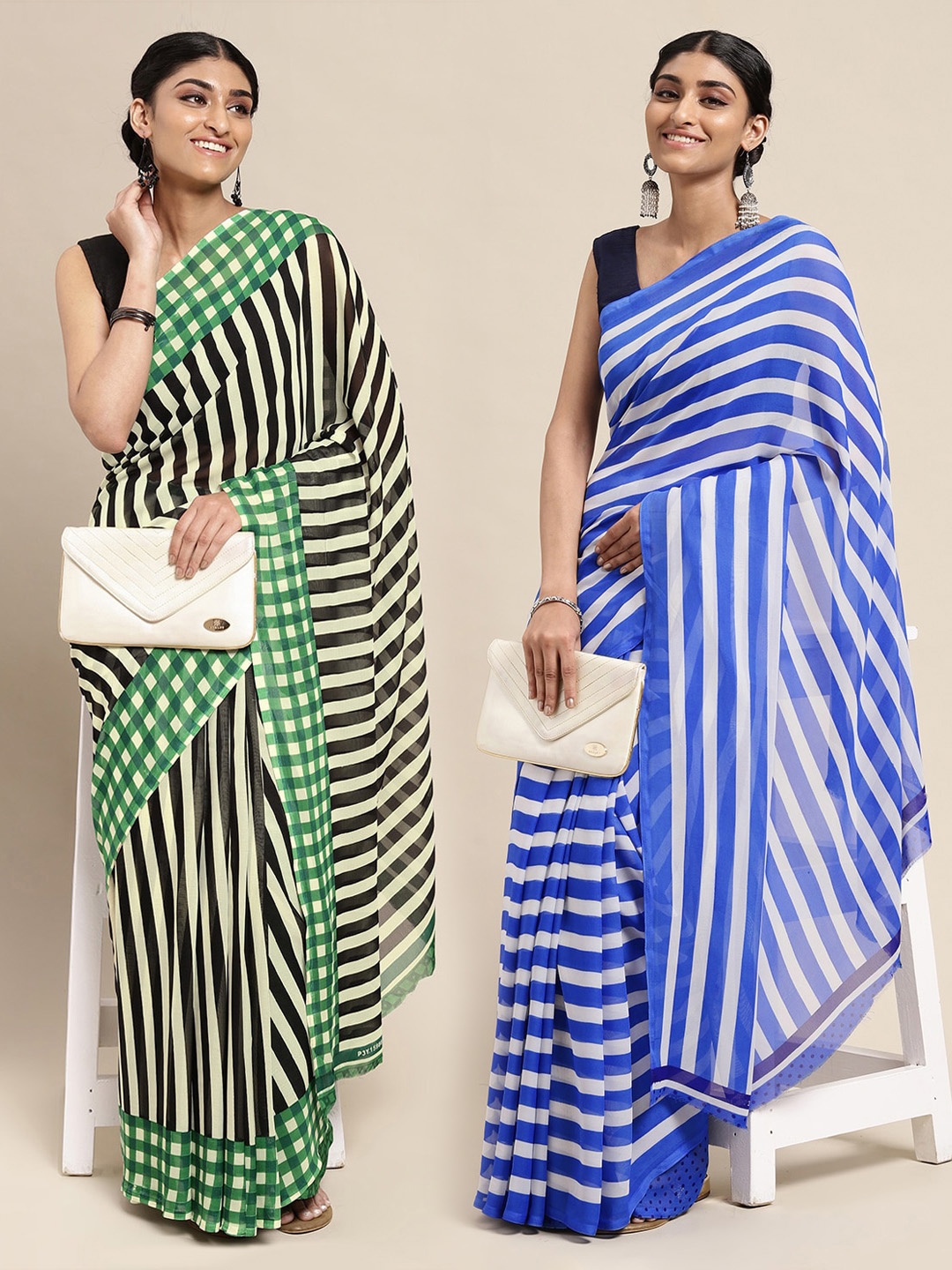 

ANAND SAREES Pack of 2 White & Blue Striped Sarees