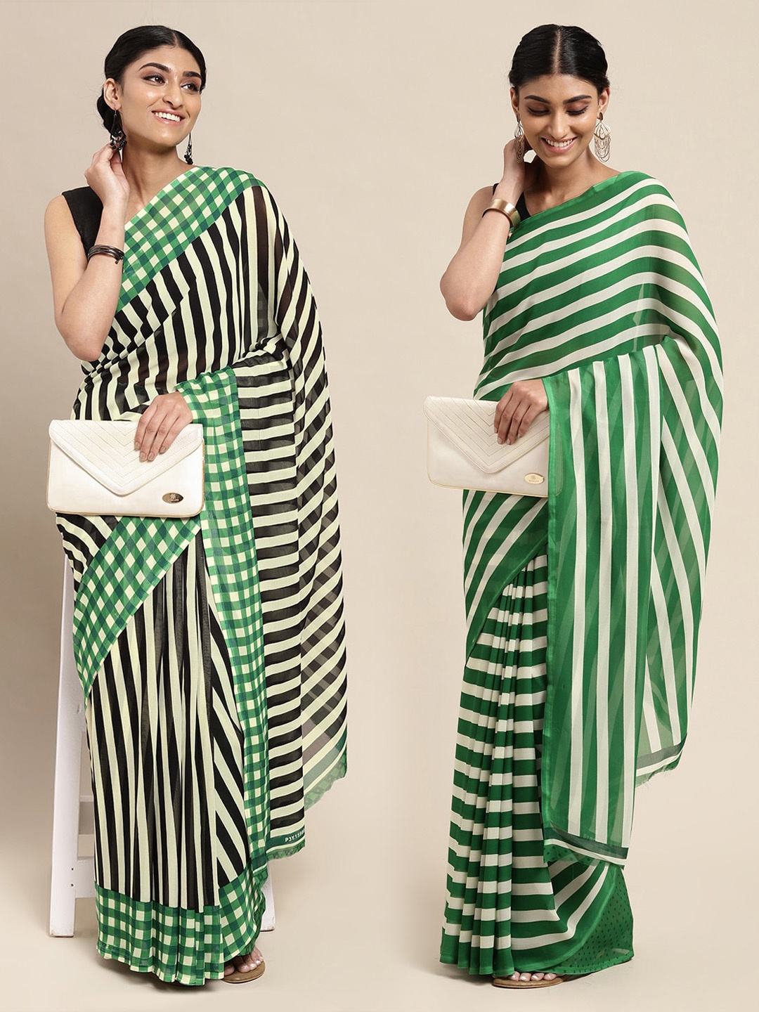 

KALINI White & Green Striped Poly Georgette Saree Pack Of 2
