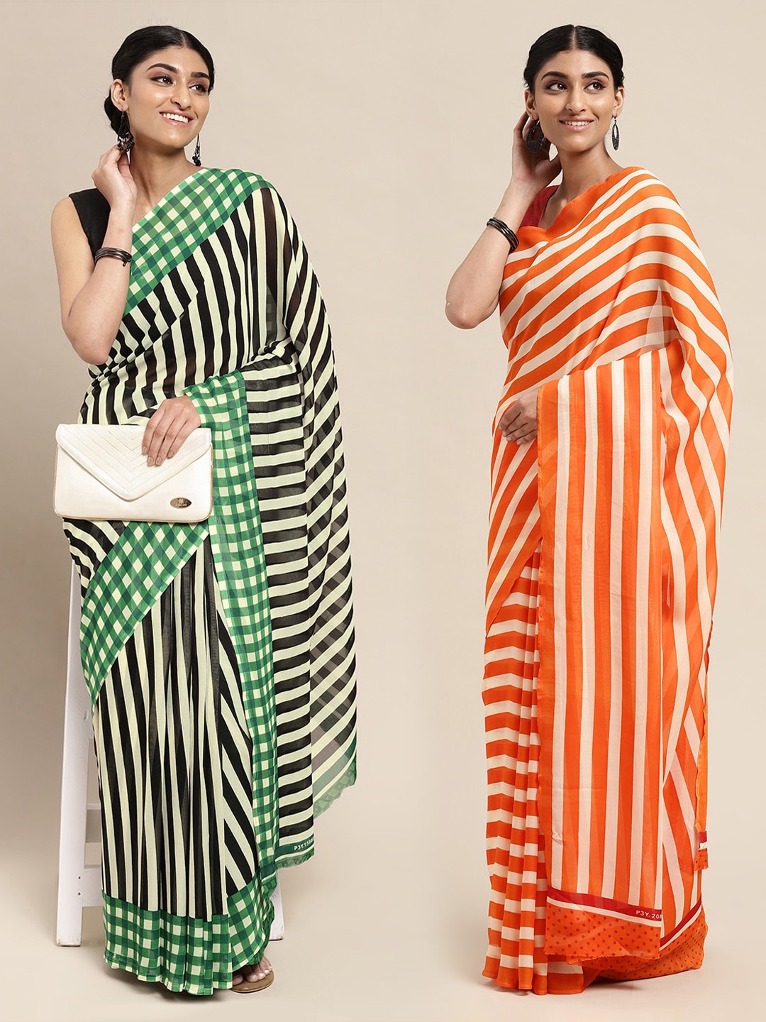 

KALINI Pack of 2 Green & Black Striped Sarees