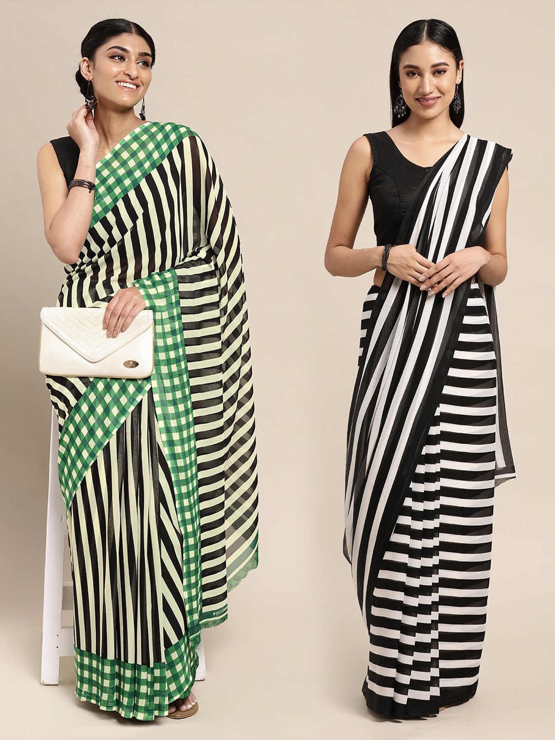 

ANAND SAREES Pack of 2 Black & White Striped Sarees