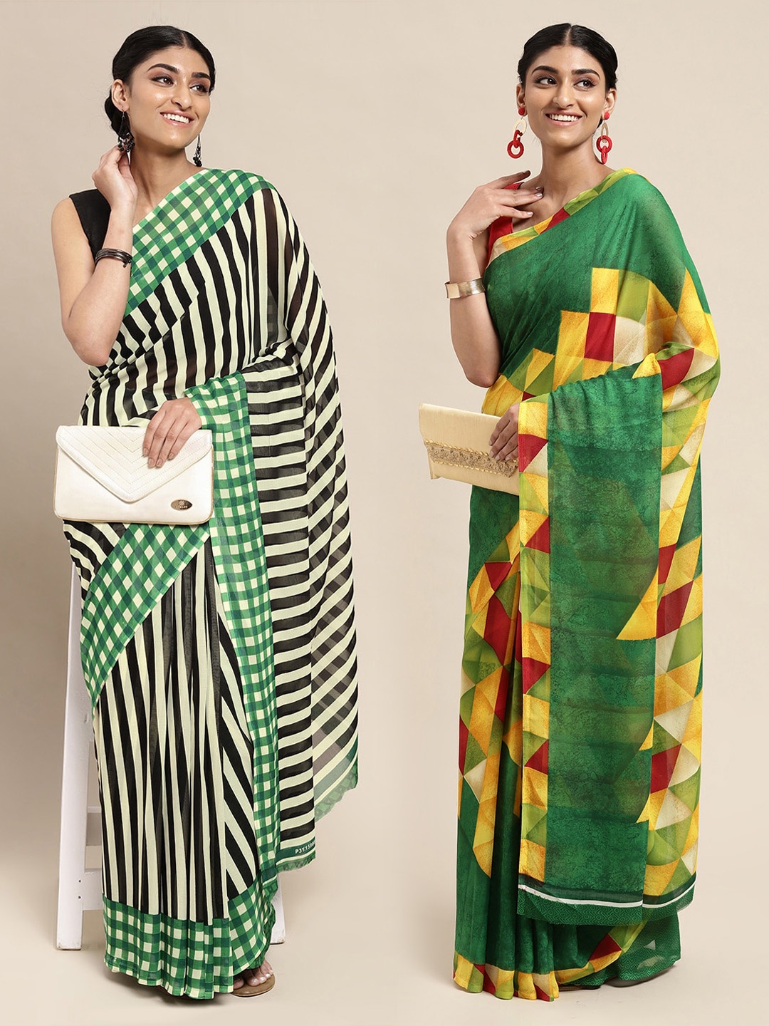 

KALINI Green & Cream-Colored Printed Pack of 2 Poly Georgette Sarees
