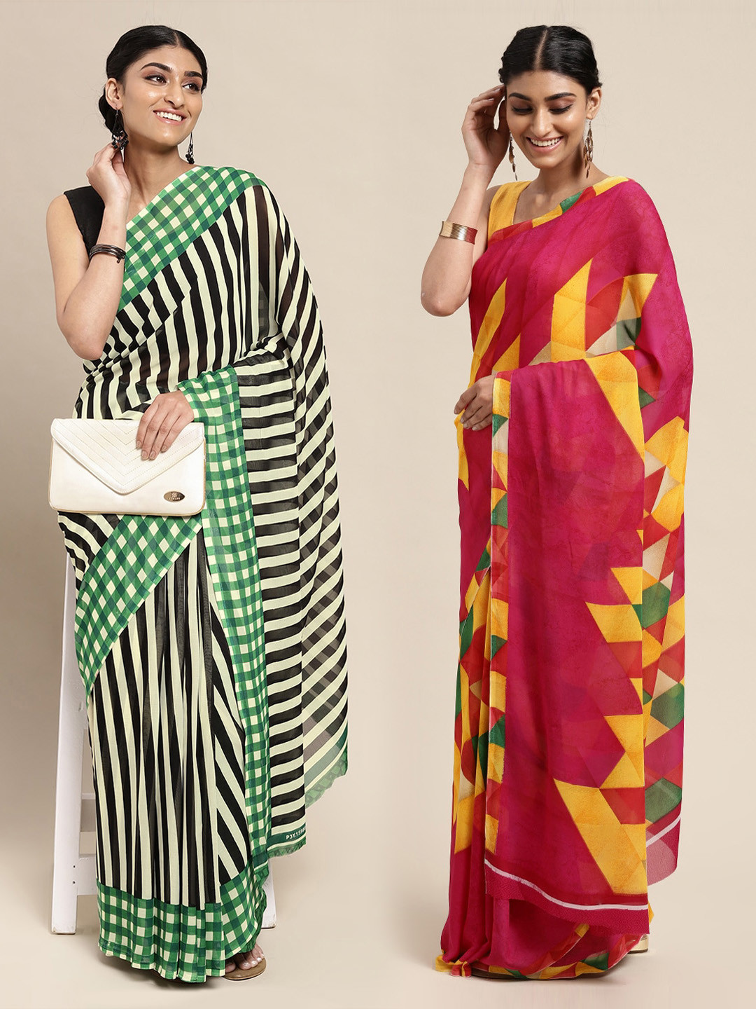 

KALINI Green & Pink Striped Poly Georgette Saree Pack Of 2
