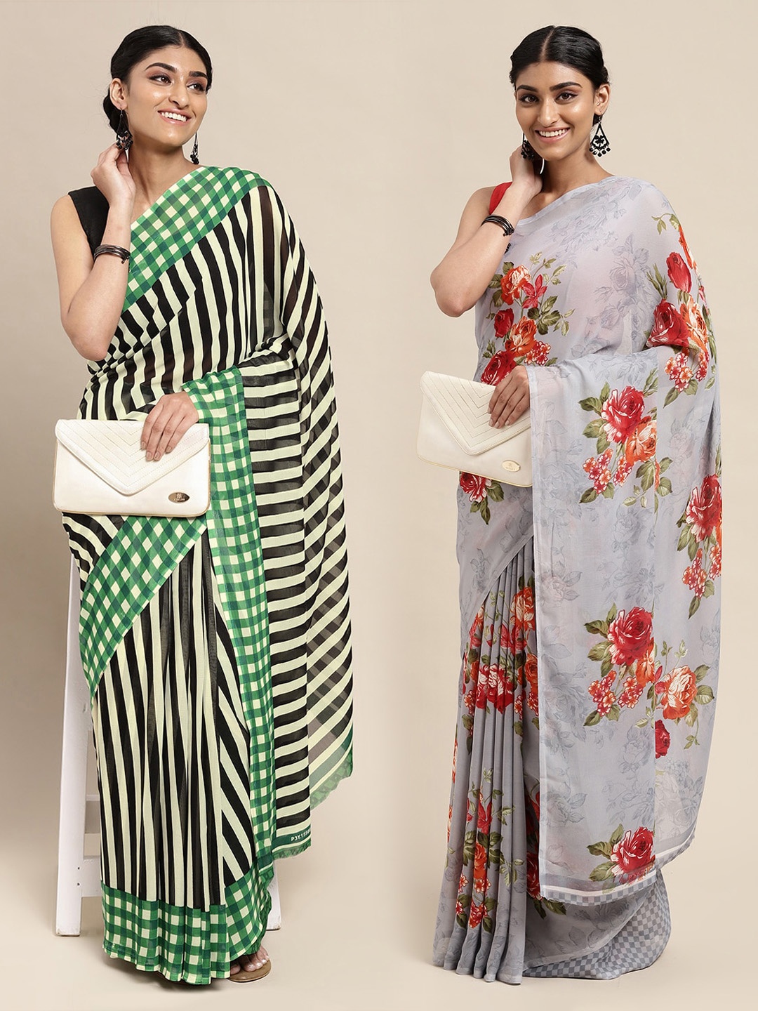 

KALINI Grey Floral Poly Georgette Saree Pack Of 2