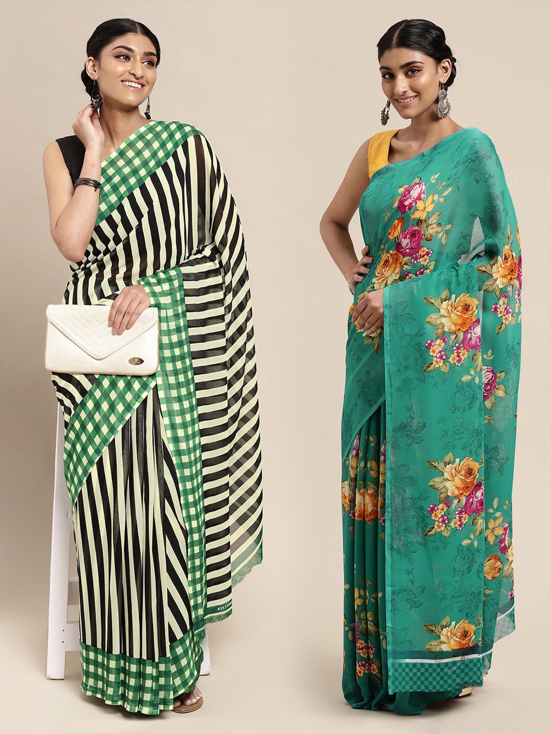 

KALINI Green & Black Striped Poly Georgette Saree Pack Of 2