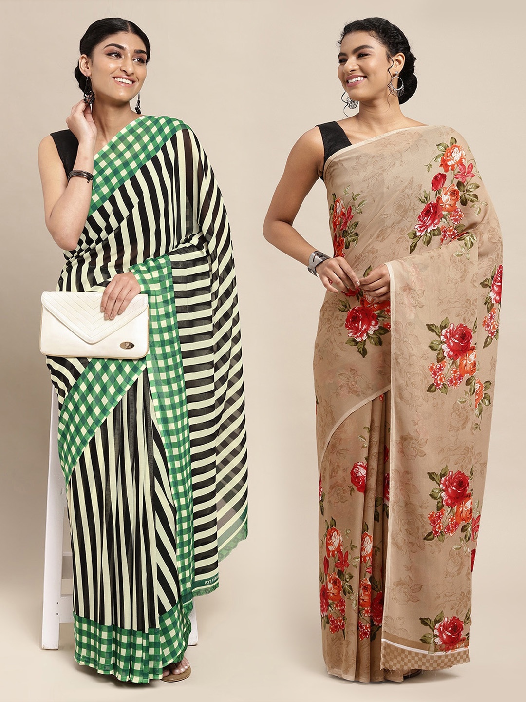

KALINI Pack of 2 Green & Beige Printed Sarees