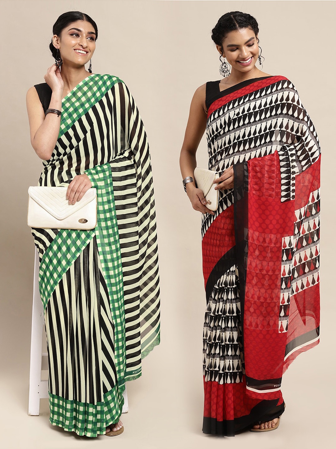 

KALINI Pack of 2 Black & Red Striped Saree