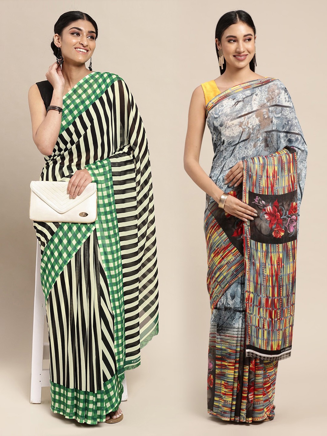 

KALINI Grey & Black Striped Poly Georgette Saree Pack Of 2