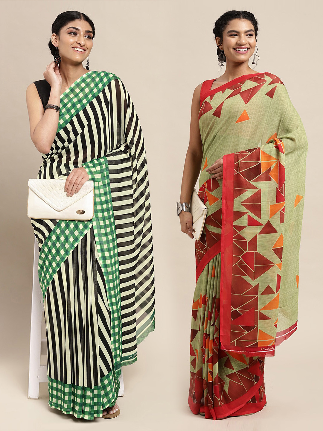 

KALINI Green & Black Striped Poly Georgette Saree Pack Of 2