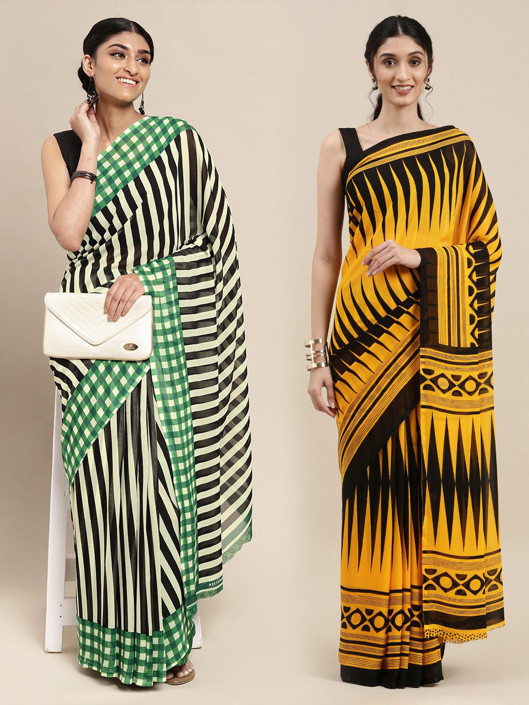 

KALINI Pack of 2 Printed Sarees, Mustard