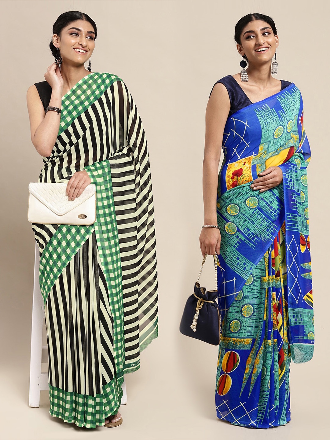 

KALINI Sea Green & Black Striped Poly Georgette Saree Pack Of 2