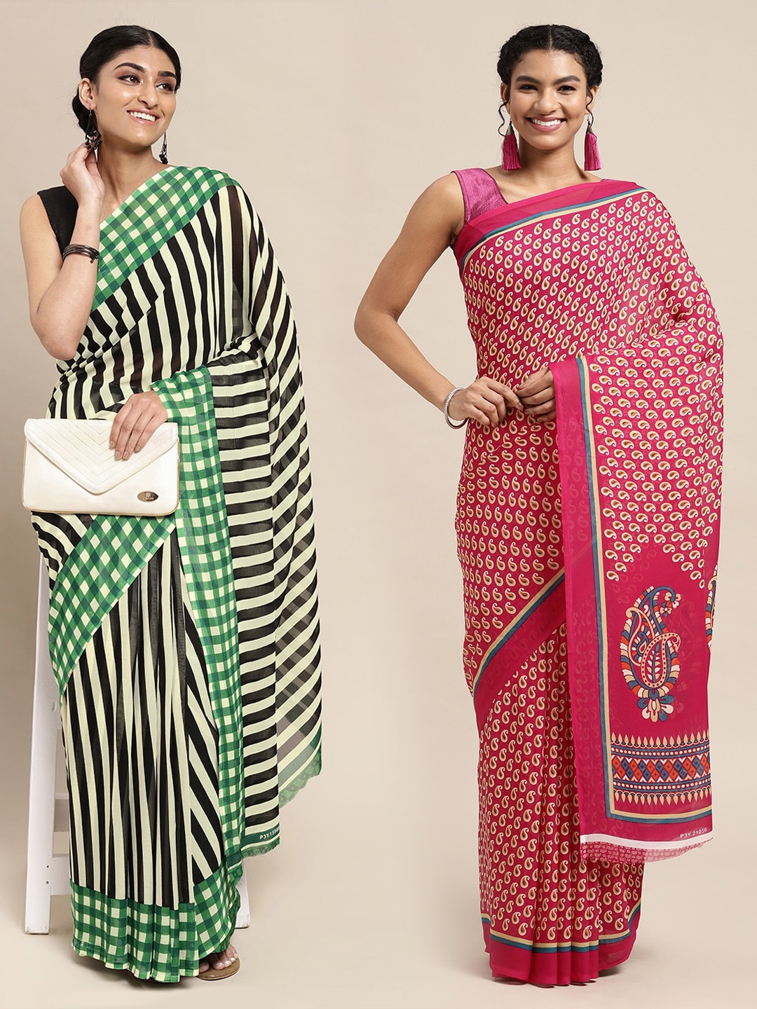 

KALINI Pink & Cream-Colored Printed Pack of 2 Poly Georgette Sarees