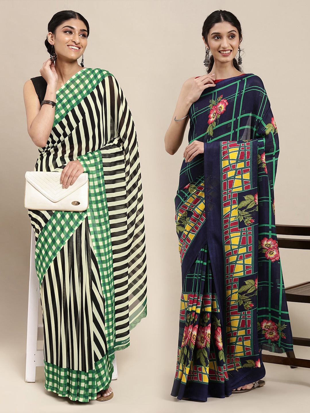 

KALINI Pack of 2 Printed Poly Georgette Sarees, Navy blue