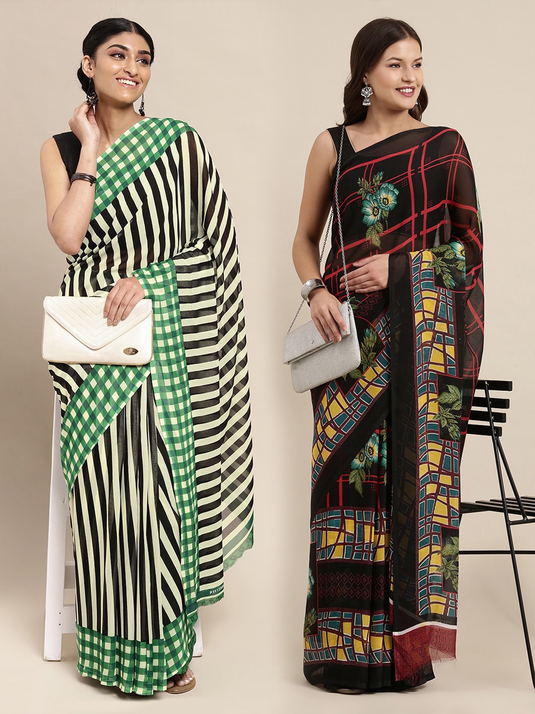 

ANAND SAREES Green & Black Striped Poly Georgette Saree Pack Of 2