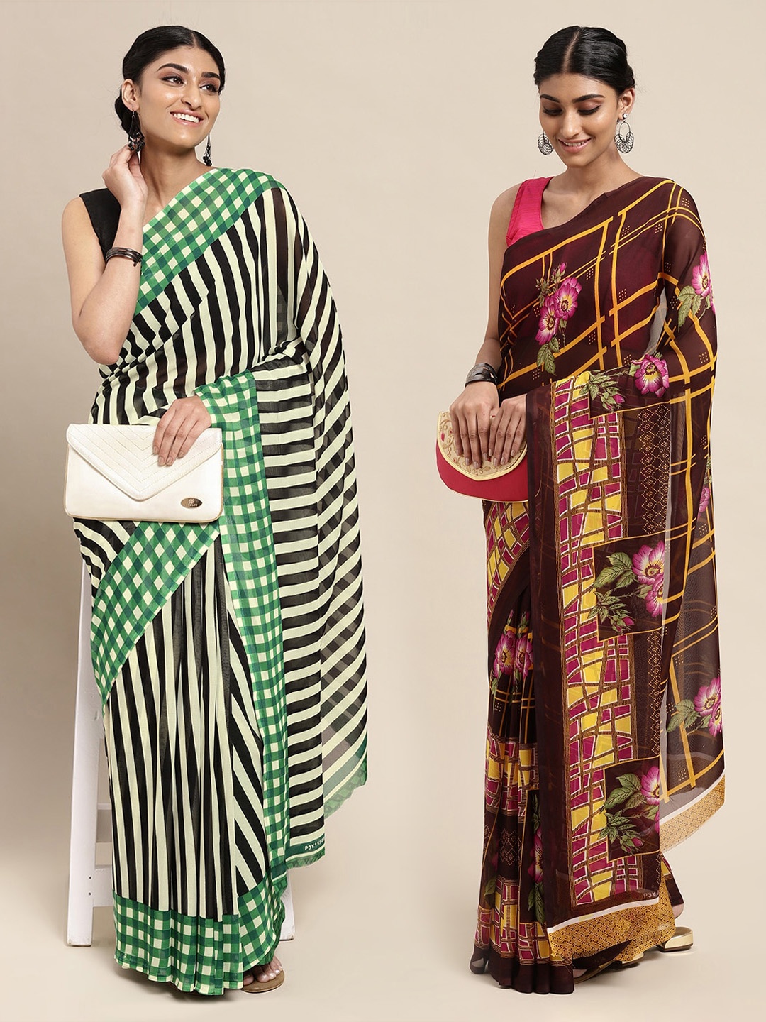 

KALINI Set of 2 Poly Georgette Saree, Brown