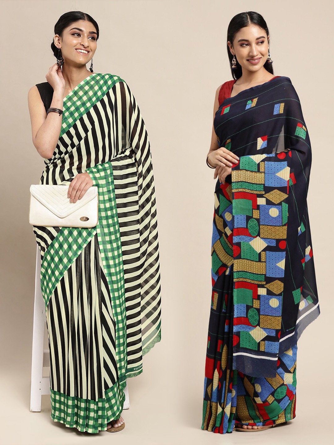 

KALINI Navy Blue & Black Striped Poly Georgette Saree Pack Of 2