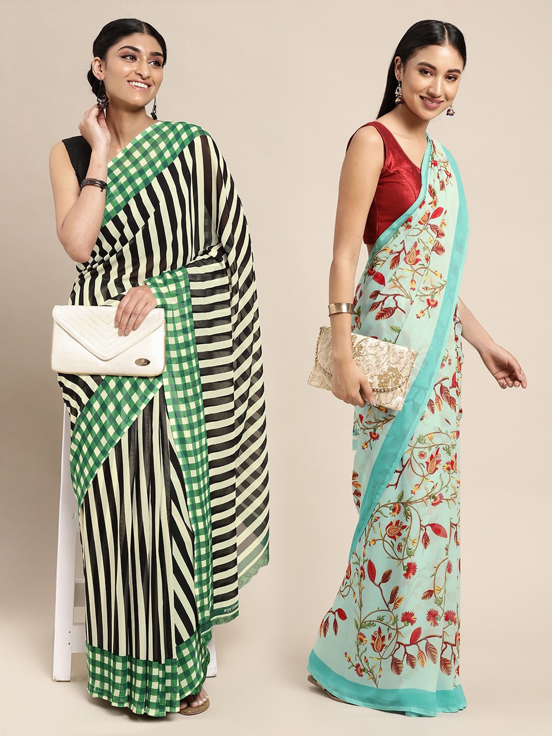 

KALINI Green & Blue Striped Poly Georgette Saree Pack Of 2