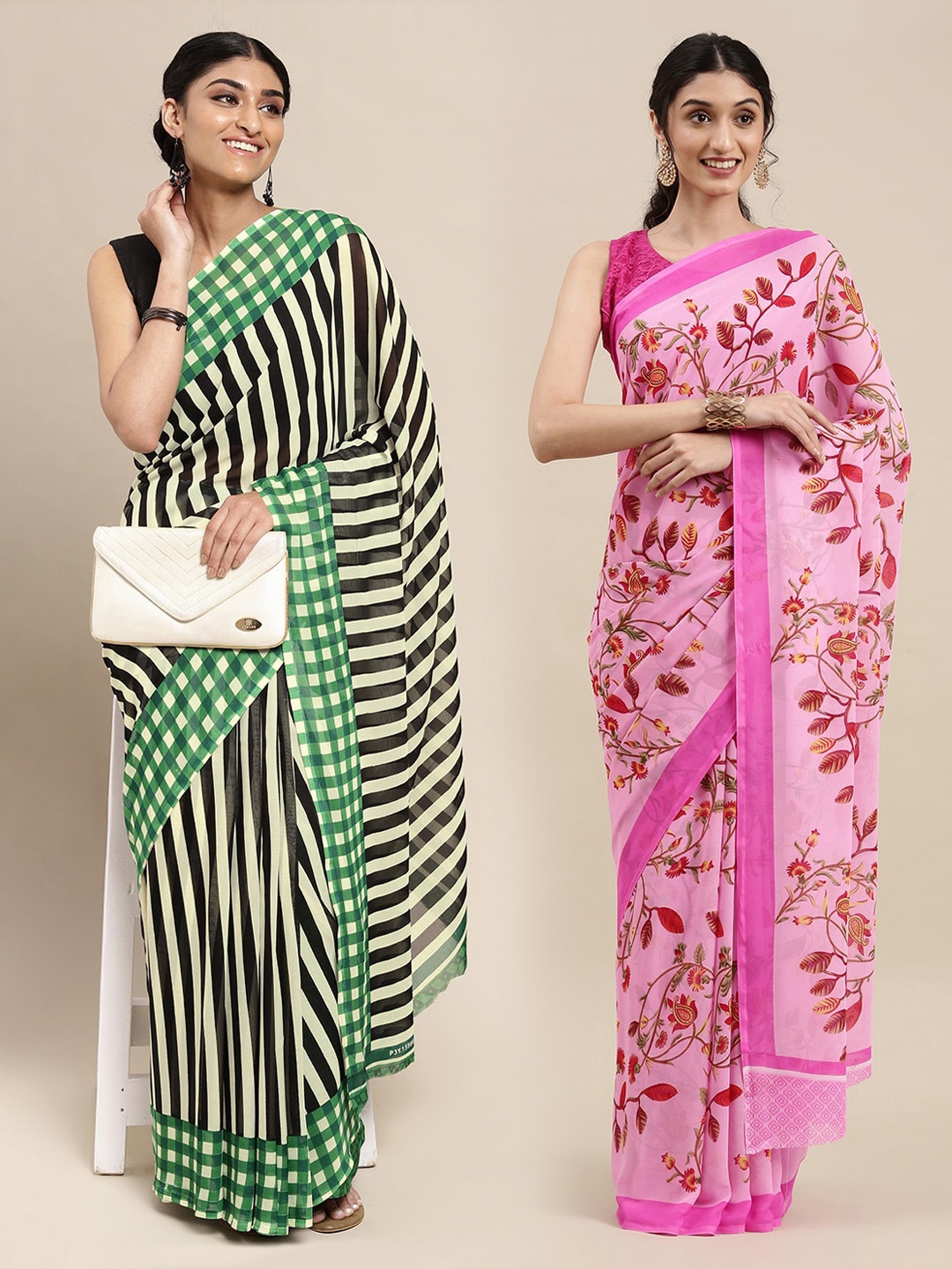 

KALINI Pack of 2 Green & Pink Striped Saree