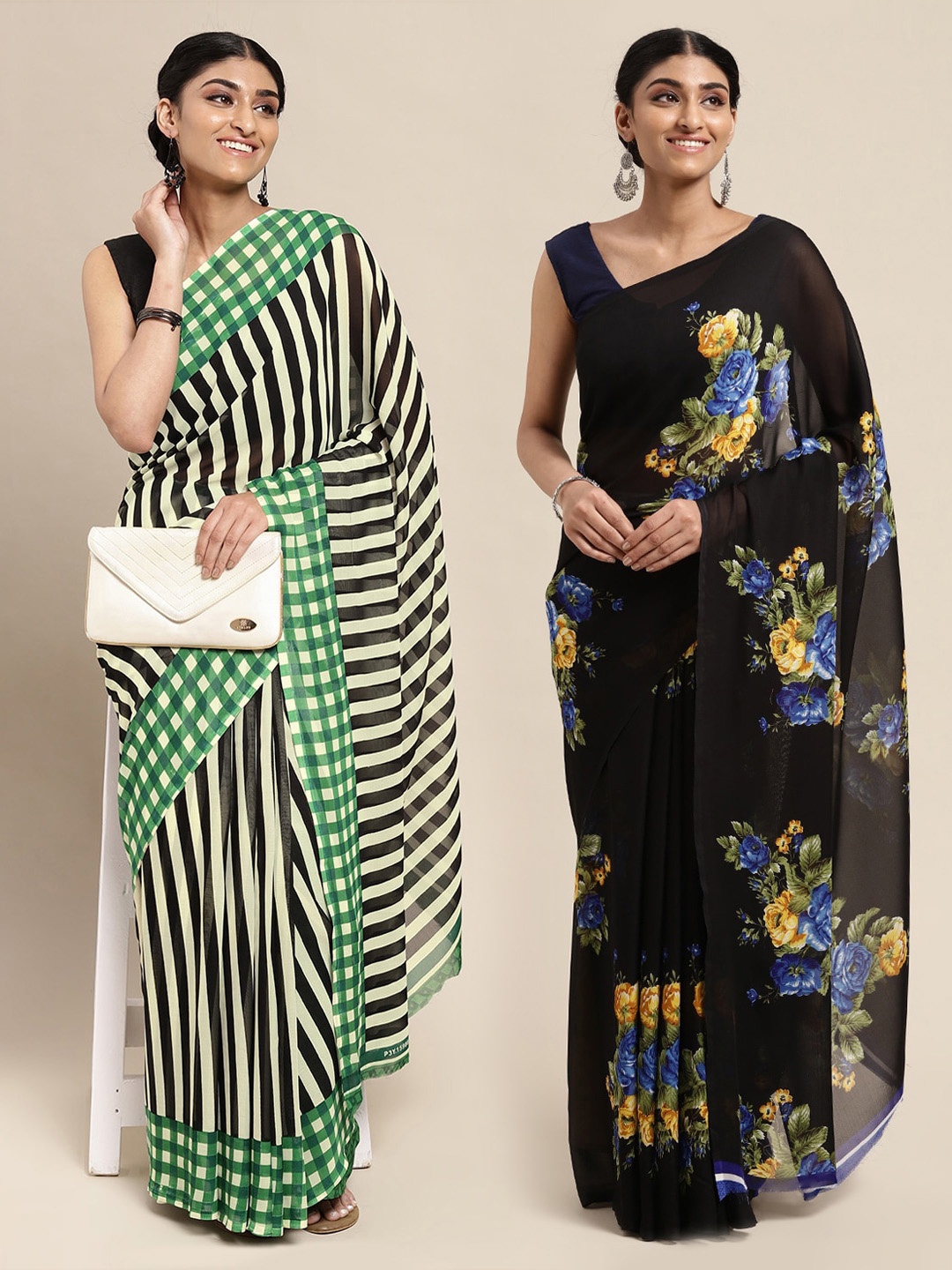 

KALINI Pack of 2 Floral Printed Sarees, Green