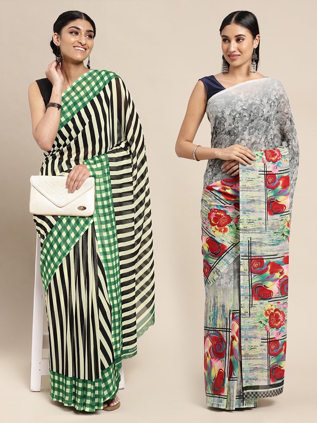 

KALINI Grey & Cream-Colored Printed Pack of 2 Poly Georgette Sarees