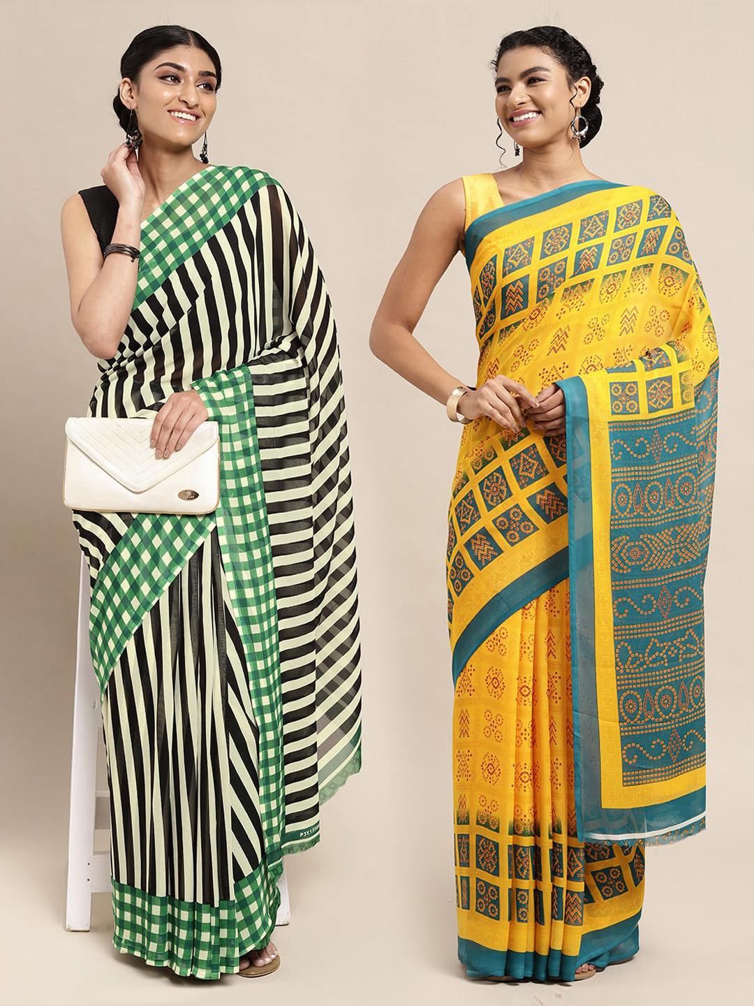 

KALINI Pack of 2 Printed Poly Georgette Sarees, Green