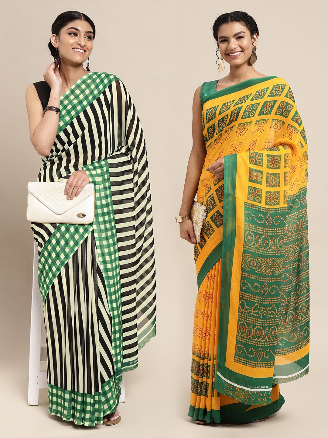 

KALINI Pack of 2 Black & Yellow Printed Saree