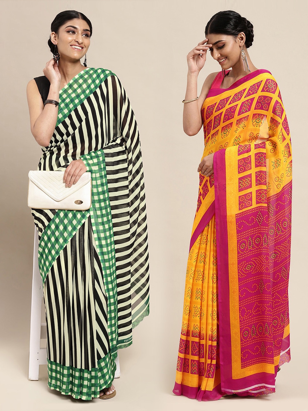 

KALINI Pack of 2Green & Mustard Striped Saree, Green