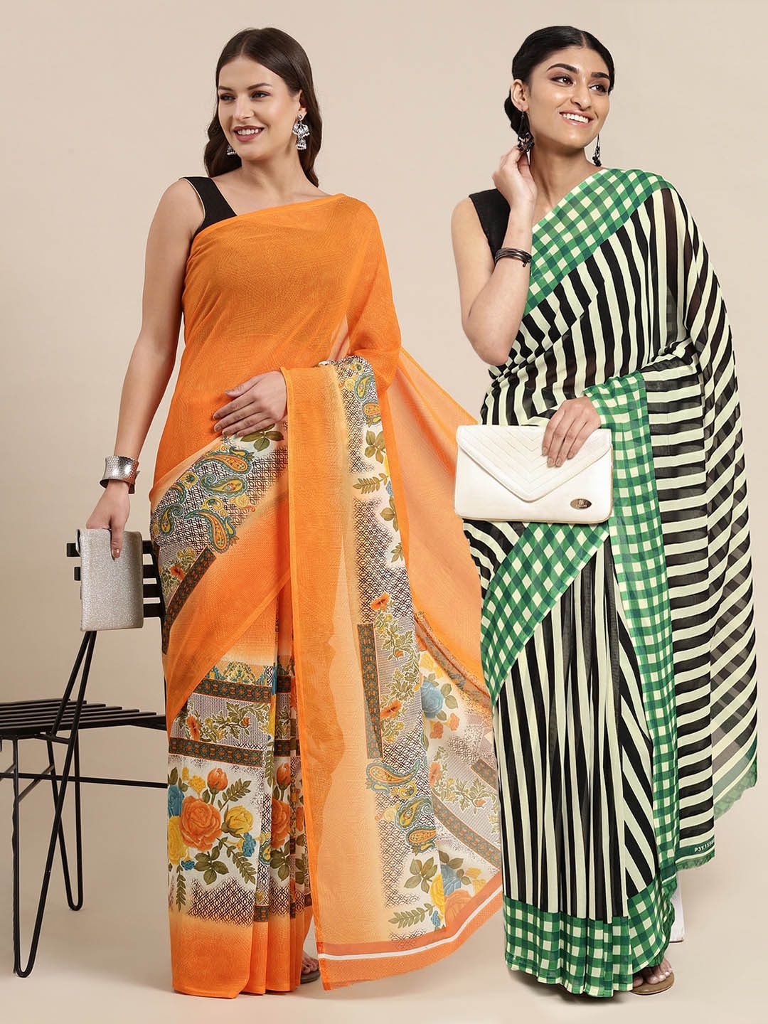 

KALINI Pack Of 2 Printed Sarees, Orange