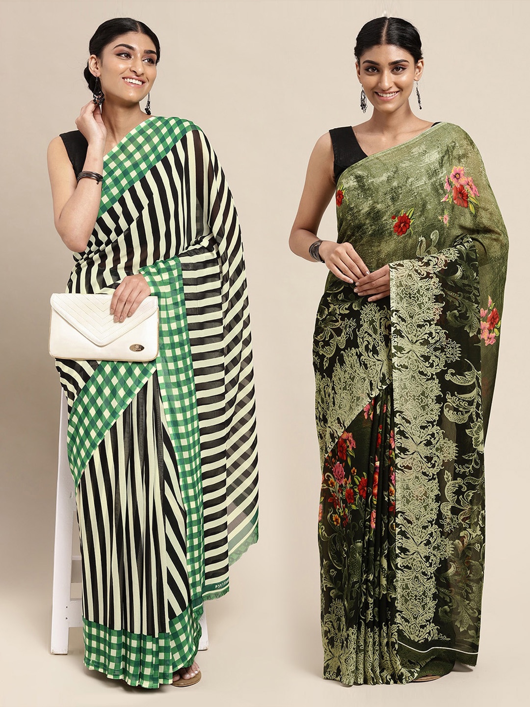 

ANAND SAREES Pack of 2 Floral Printed Sarees, Green
