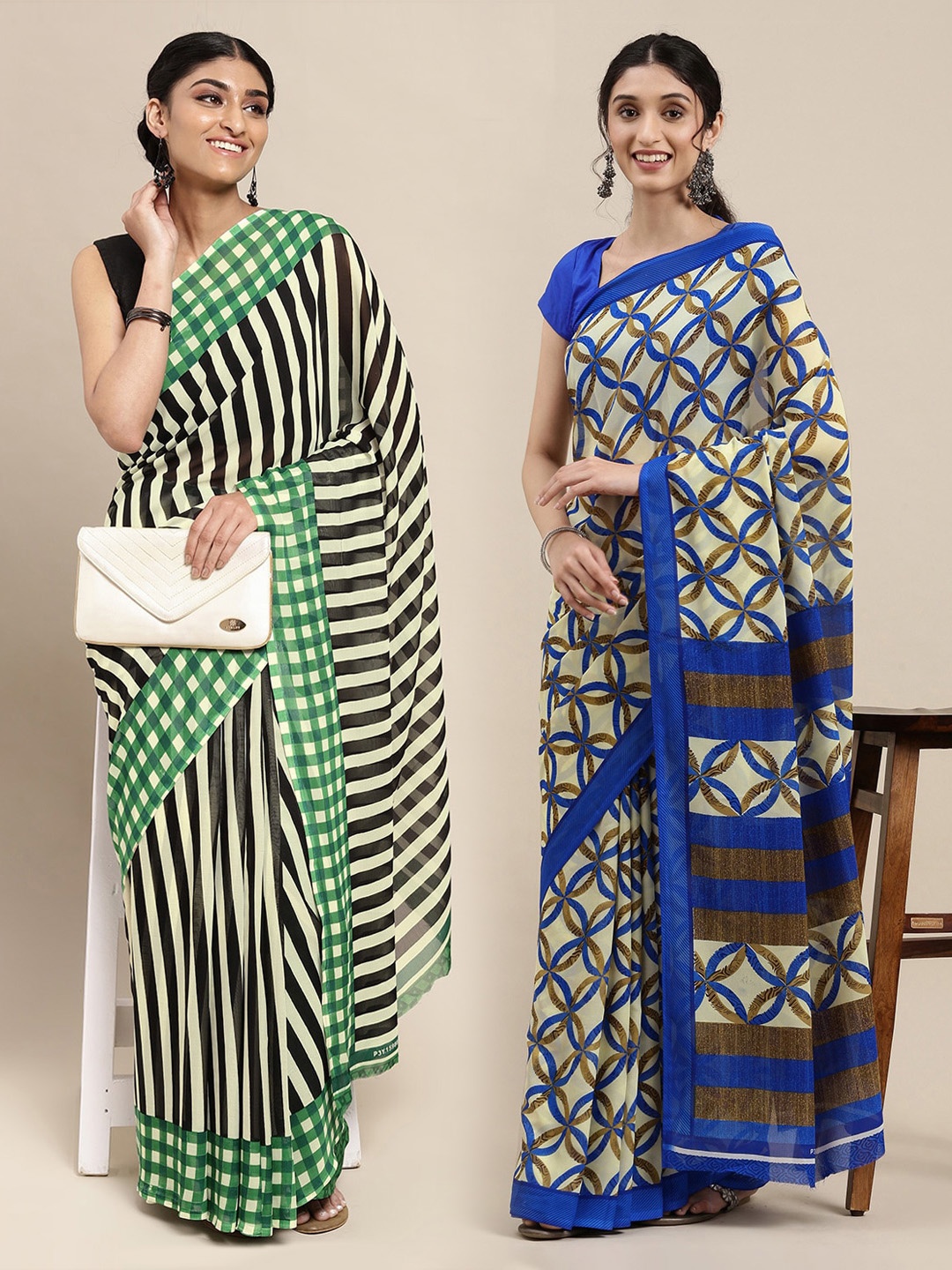 

KALINI Cream-Colored & Blue Printed Pack of 2 Poly Georgette Sarees