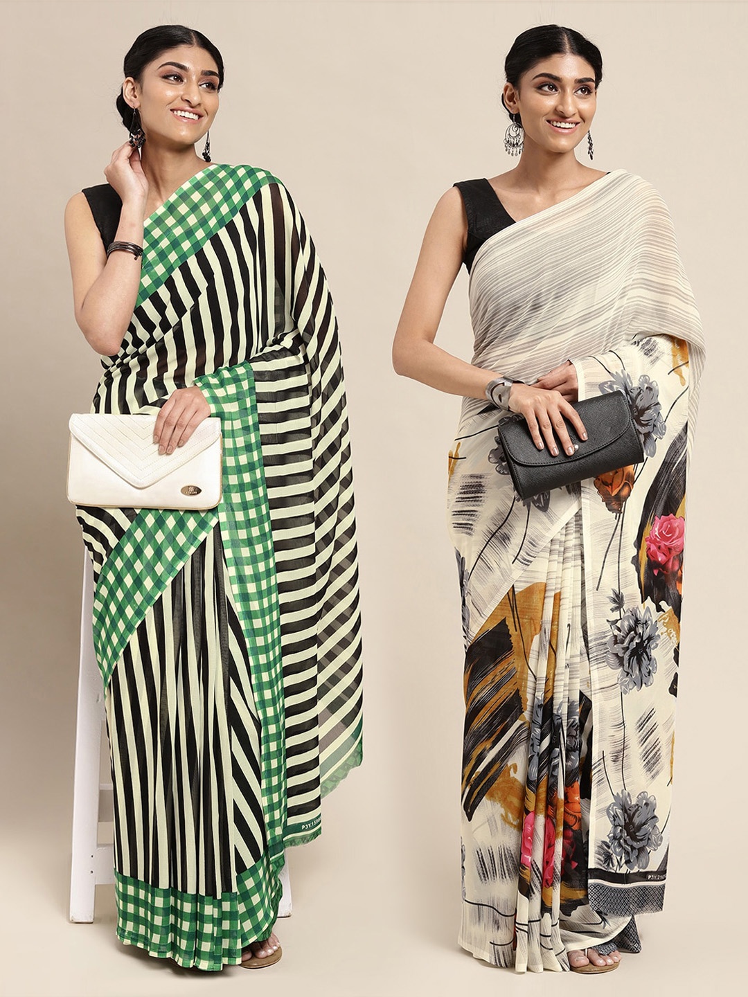 

KALINI Pack of 2 Printed Poly Georgette Sarees, Grey